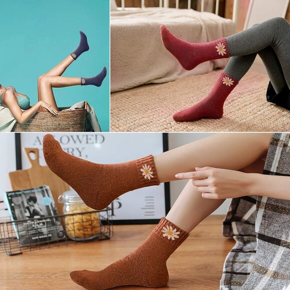 Women 5 Pairs E- Yellow,Khaki,Brown,Blue,Green Warm Winter Cozy Thermal Socks - Picture 5 of 6